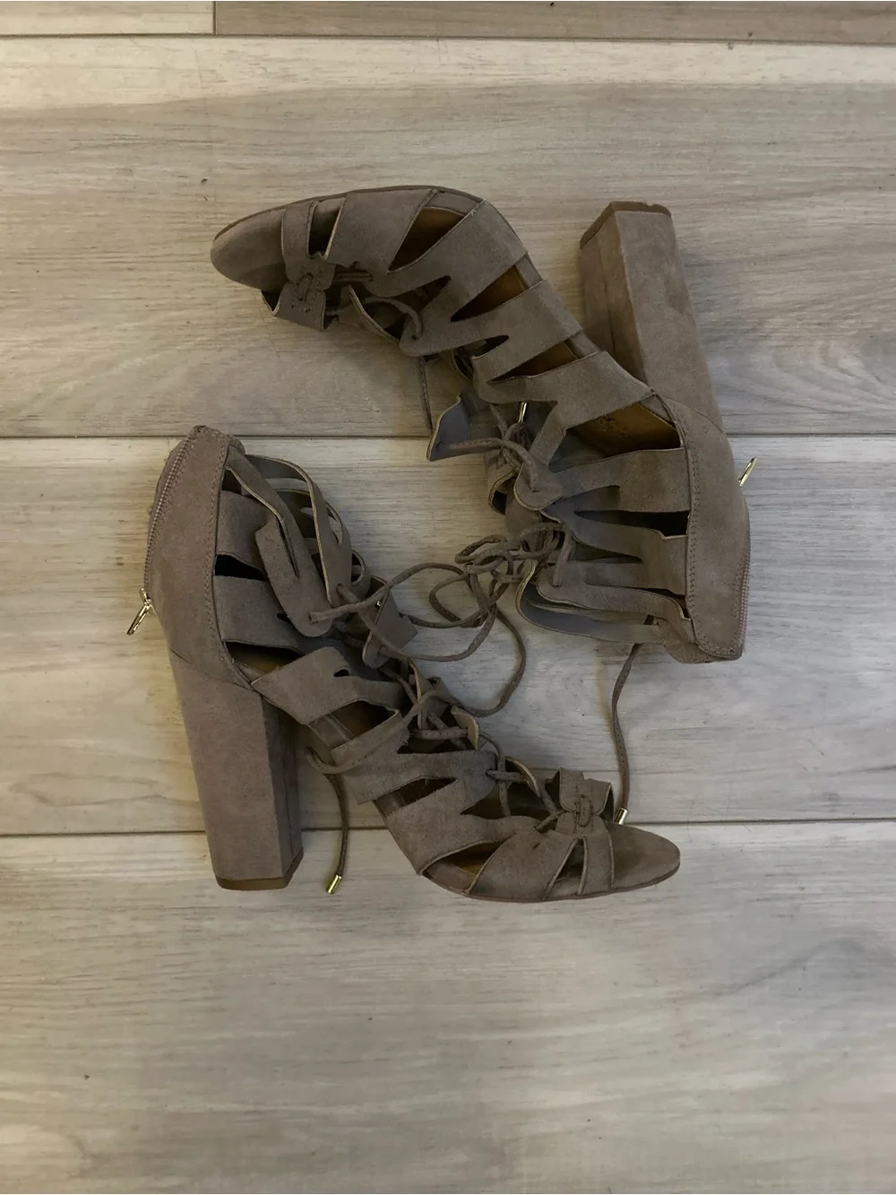 Women’s Taupe Suede Lace-Up Block Heel Sandals